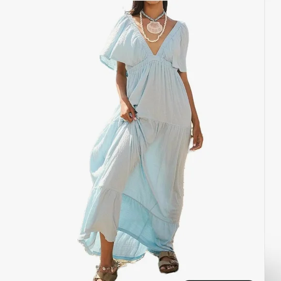 Light Blue V-Neck Maxi Dress - Elegant Tiered Summer Dress - Picture 1 of 5